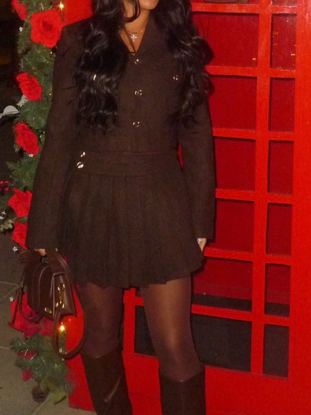 Maniere De Voir Dark Brown Pleated Mini Skirt Set